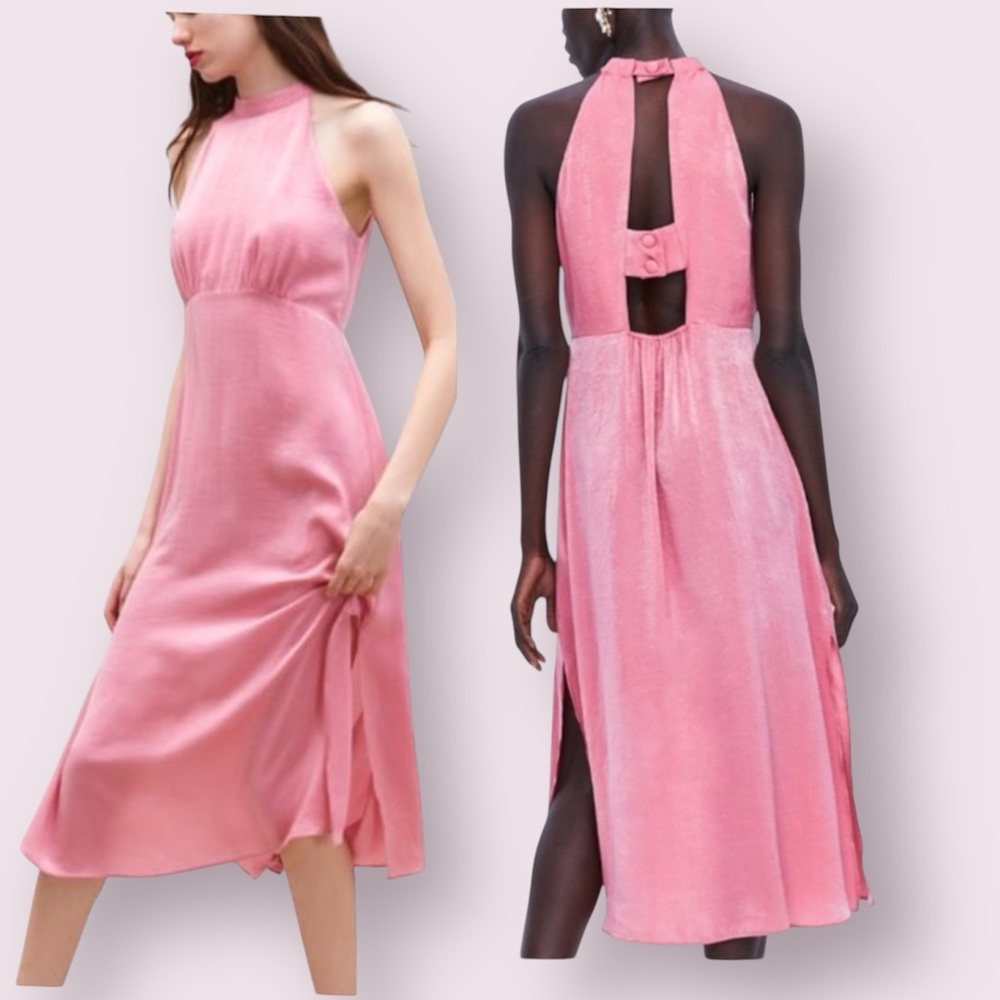 Zara Silk Effect High Neck Cut Out Back Midi Dress in Soft Pink Size Small